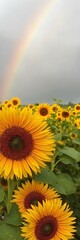 Obraz premium A vibrant rainbow arching over a sunflower field after a light spring rain, with dewdrops sparkling on the petals