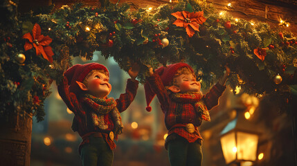 Elves hanging mistletoe above the entrance to the Christmas workshop adding a romantic touch to the festive setting.