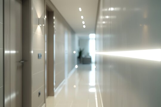 A long hallway with a clock on the wall, perfect for interior or architectural shots