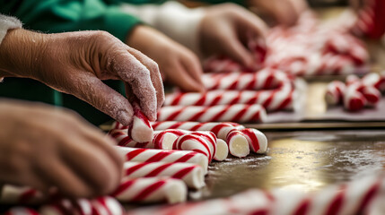 Elves making candy canes in the workshop twisting the red and white stripes with precision and fun.