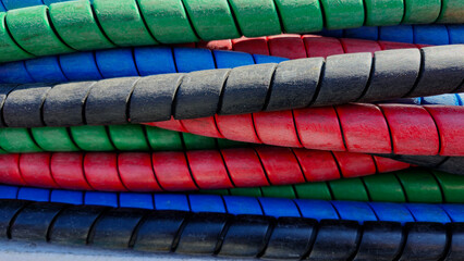 rubber ropes on a boat deck, boat equipment, rubber rope close up, sailing industry, sailing equipment, water safety equipment 