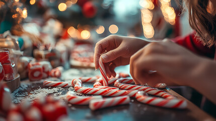 Elves making candy canes in the workshop twisting the red and white stripes with precision and fun.