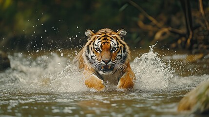 Walking in river water is an Amur tiger. Tajga, Russia; dangerous animal. An animal in a stream in a green forest. River droplet, grey stone. 
