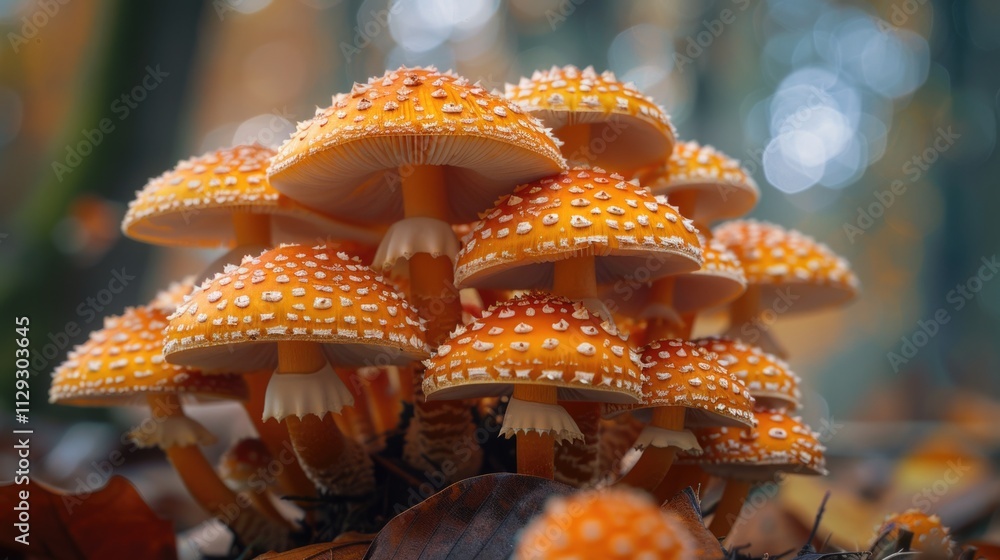 Poster a cluster of mushrooms resting on a pile of fallen leaves