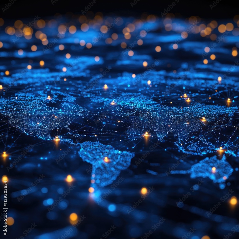 Poster a world map with glowing dots representing various locations