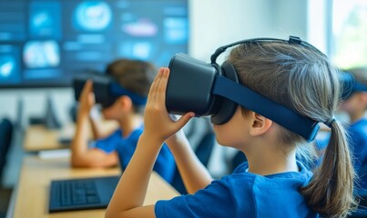Children in classroom using virtual reality headsets.