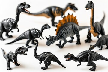 Fototapeta premium A group of plastic toy dinosaurs arranged in a row, suitable for use in illustrations or designs where prehistoric creatures are the theme