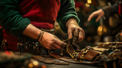 Elves preparing the reindeers harnesses in the Christmas workshop polishing the brass and fitting the leather straps.