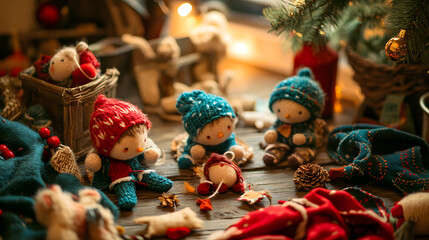 Elves sewing stuffed animals by hand in a cozy corner of the Christmas workshop piles of fabric and thread nearby.