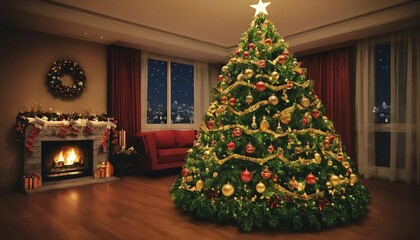 Christmas Tree With Baubles And Blurred Shiny Lights