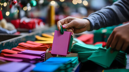 Elves sorting colorful gift tags in the Christmas workshop matching each one to the perfect present.