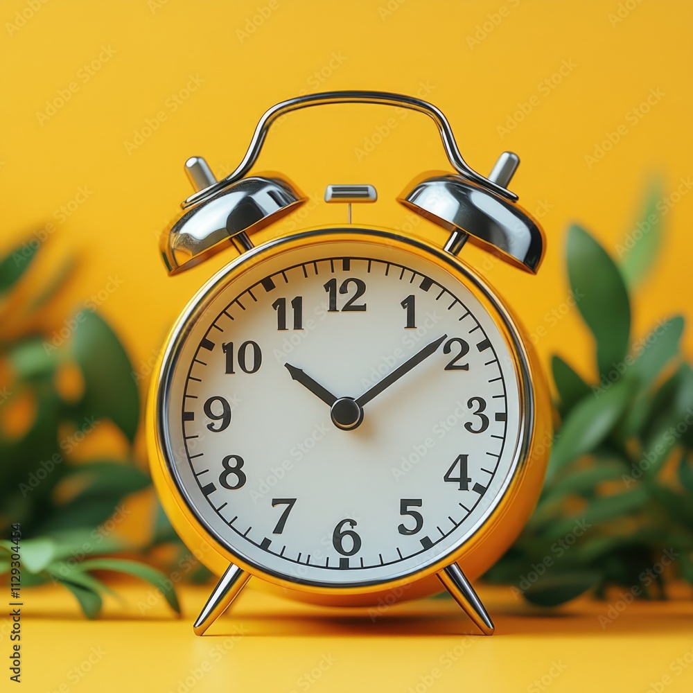 Poster A simple yellow alarm clock sits on top of a table, perfect for adding a pop of color to any room or scene
