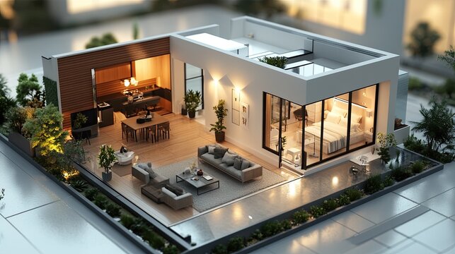 Using a 3D model of a modest house on an architectural floorplan, 