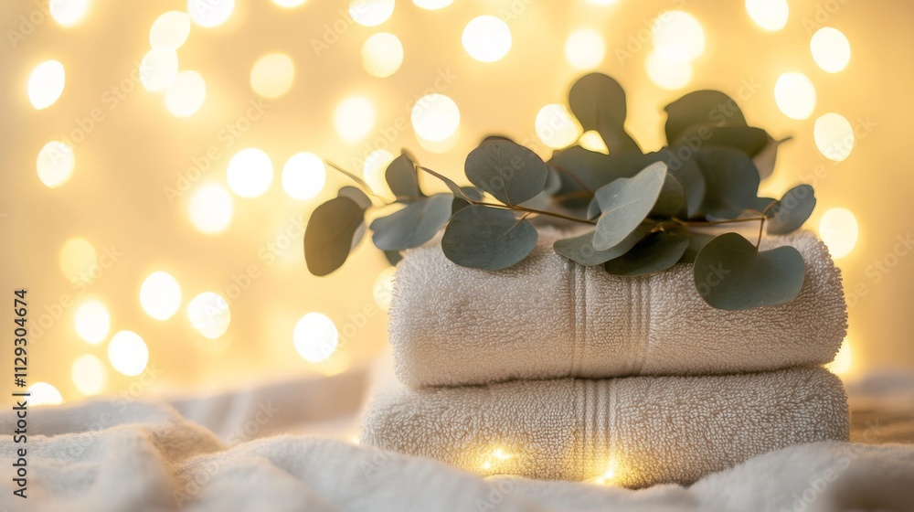 Aufkleber soft towels are neatly stacked and topped with eucalyptus leaves, creating an aesthetic setup. the w