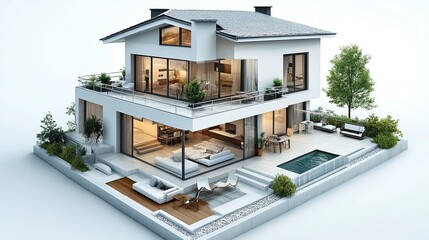 Using a 3D model of a modest house on an architectural floorplan, 