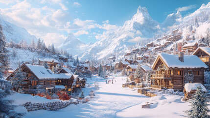 A lively ski resort surrounded by snowy mountain peaks and lined with cozy wooden chalets.