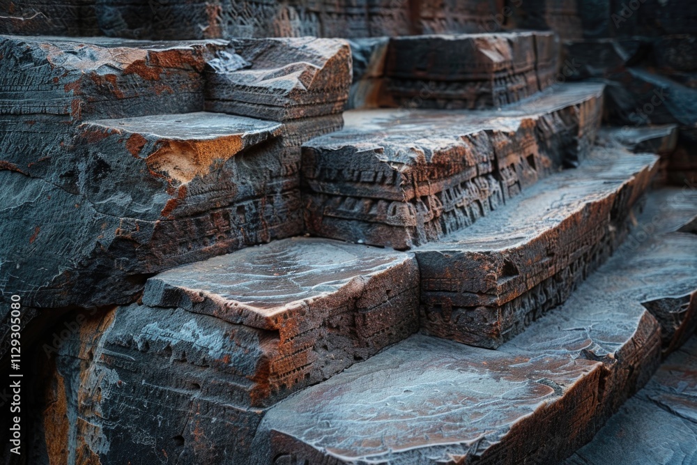 Poster close-up view of stone steps with intricate carvings and worn texture, suitable for use in historica