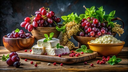 A vibrant panoramic still life: juicy grapes, fresh parsley, creamy cheese, earthy amaranth, and panela's sweetness.