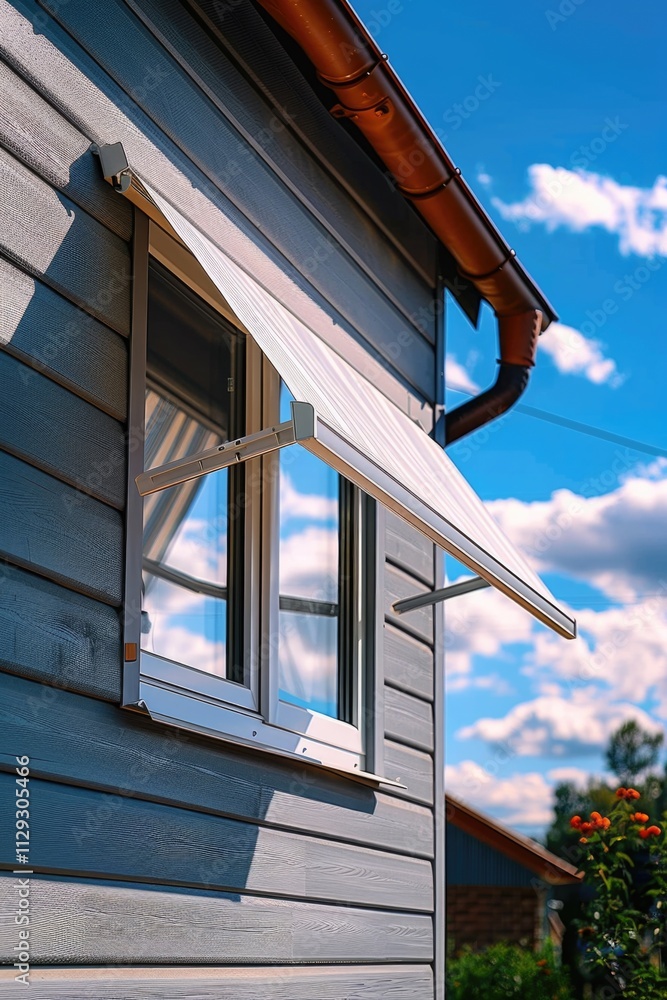 Aufkleber Close-up view of a window with a white awning on the side of a house