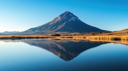 Naklejka premium Serene Mountain Landscape Reflecting on Clear Tranquil Lake Surface at Sunrise