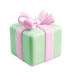 Green gift box with pink ribbon 3d render on transparent background.