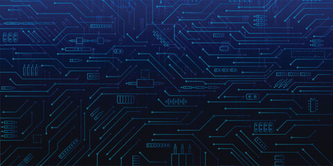 Futuristic blue circuit board background showcasing abstract digital patterns, electronics, AI, and data systems. For modern technology, innovation, and cyber-themed designs. Technology background