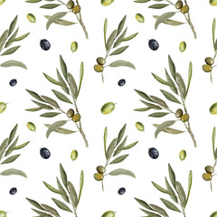 Olive branch seamless pattern. Hand drawn watercolor illustration. Green and black olive berries, leaves and twigs