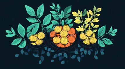 wealth accumulation through nature flat design top view growth theme cartoon drawing Triadic Color Scheme 