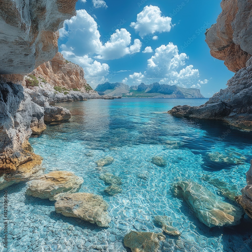 Poster a still water scene with surrounding rocks, suitable for use in travel or nature-themed projects