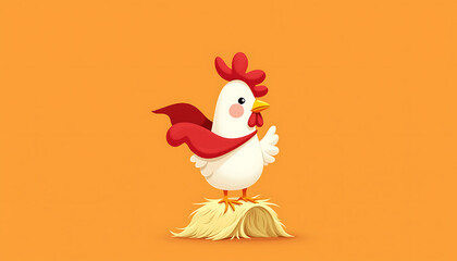 Chicken with a red cape standing proudly on a haystack on an orange background