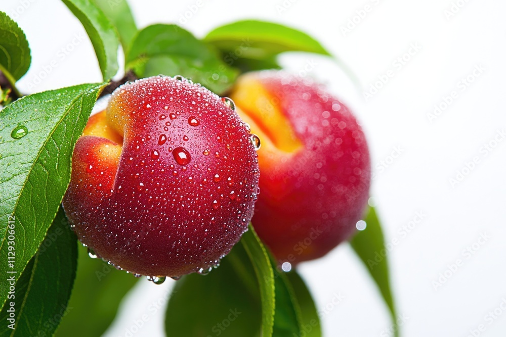 Poster fresh peaches with dew drops on a tree branch