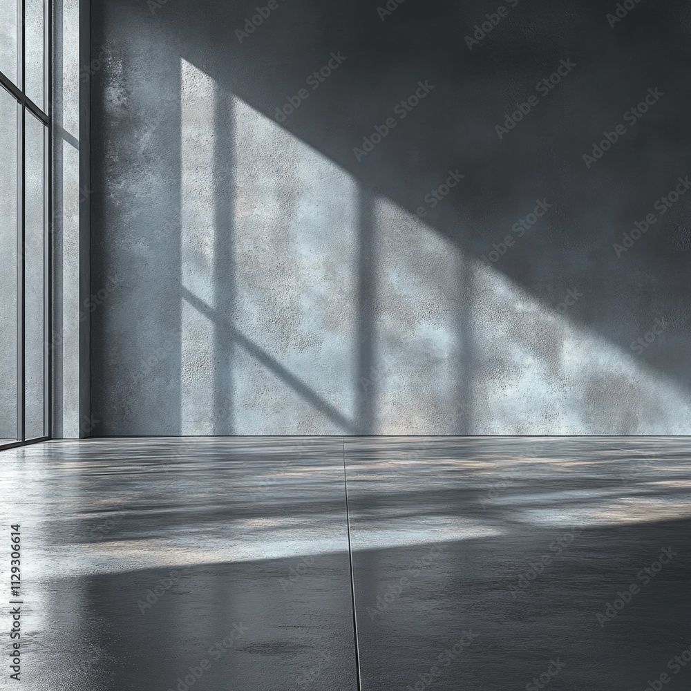 Poster a black and white photo of an interior space with big windows, suitable for use in minimalist design