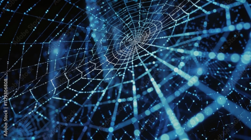 Poster intricate spiderweb glistening with dewdrops, creating a mesmerizing pattern of light and shadow aga
