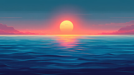 Fototapeta premium Endless horizon of the vast blue ocean during sunrise. Horizon. Illustration