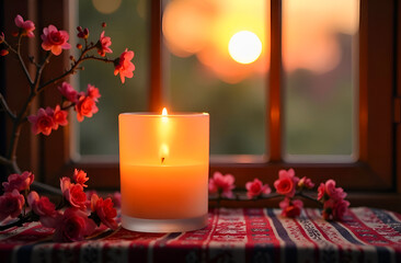 a burning candle in a frosted glass glass in oriental style stands on a table against the background of a window at sunset, next to branches of delicate flowers, ethnic fabric 