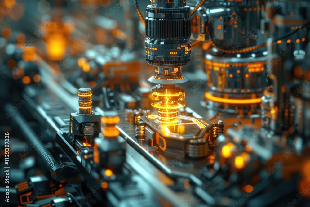 Poster close-up shot of an industrial machine with multiple lights shining brightly