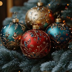Close-up shot of colorful ornaments hanging from a Christmas tree, ideal for holiday decorations and winter celebrations