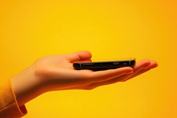 Closeup Image of Woman's Open Palm Offering a Flat Smartphone on a Bright Yellow Background