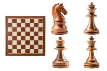 Wooden chessboard with key pieces like queen, king, rook, and knight. Perfect for projects, high-quality transparent PNG