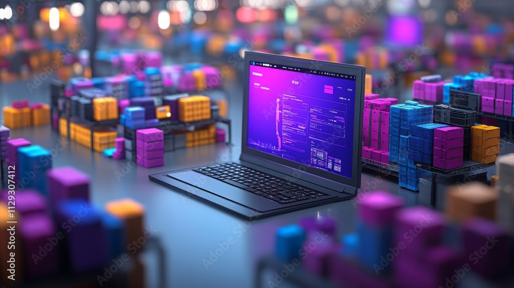 Poster a company utilizing blockchain technology to manage colorful inventory at a modern warehouse