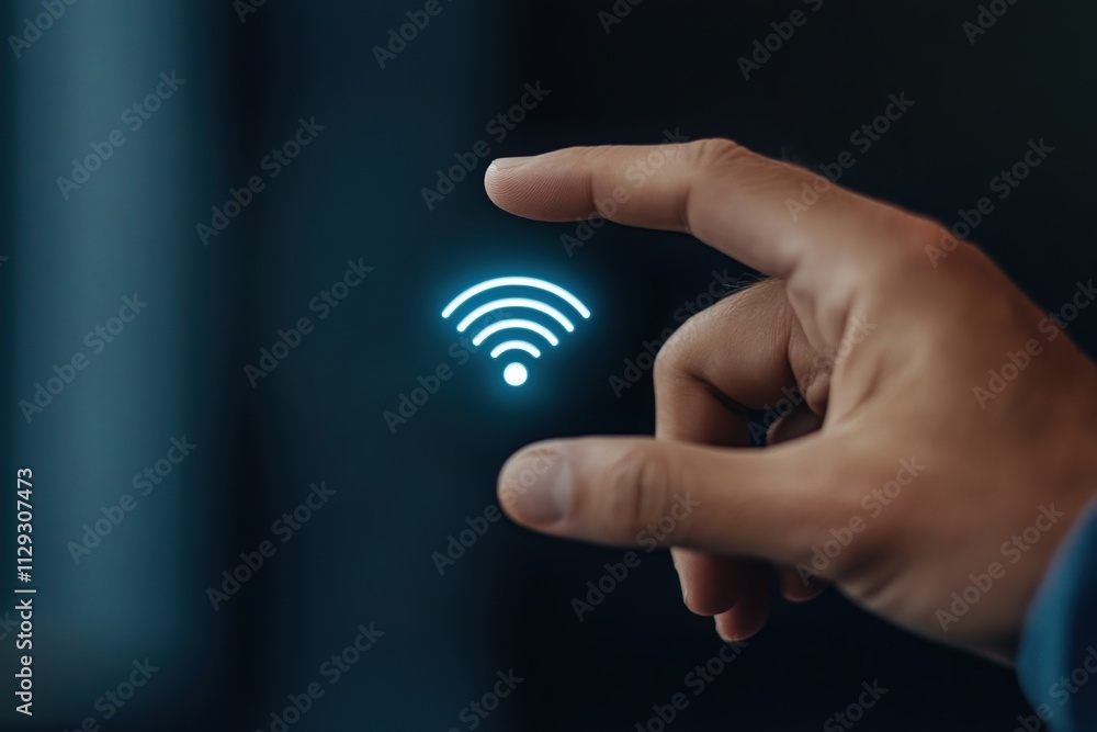 Poster person connects to the internet by touching a virtual wifi symbol on a digital screen with a modern 