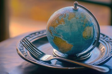 A globe on a plate with a fork and knife, perfect for a meal or presentation