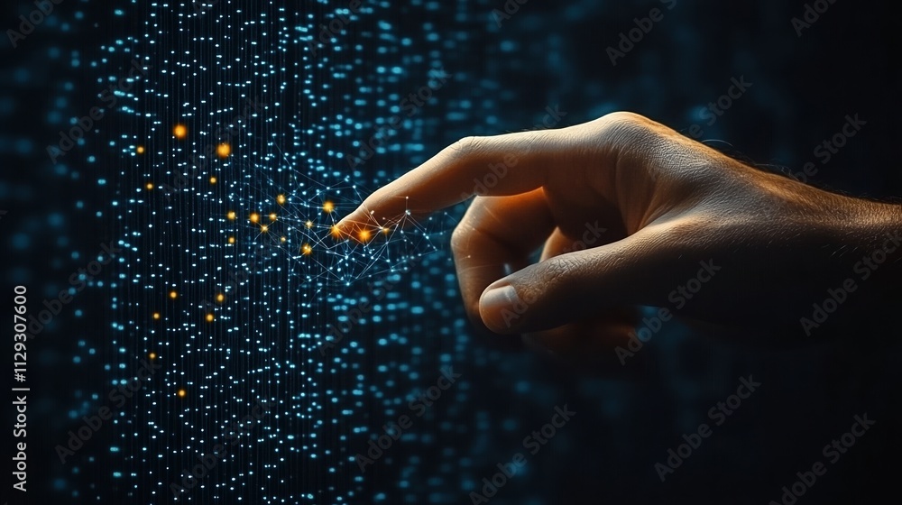 Poster human hand touching a network of glowing points in a high-tech environment