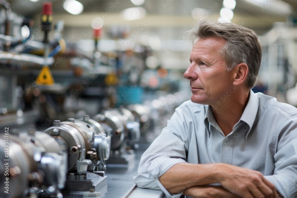 Poster man working at desk in industrial setting