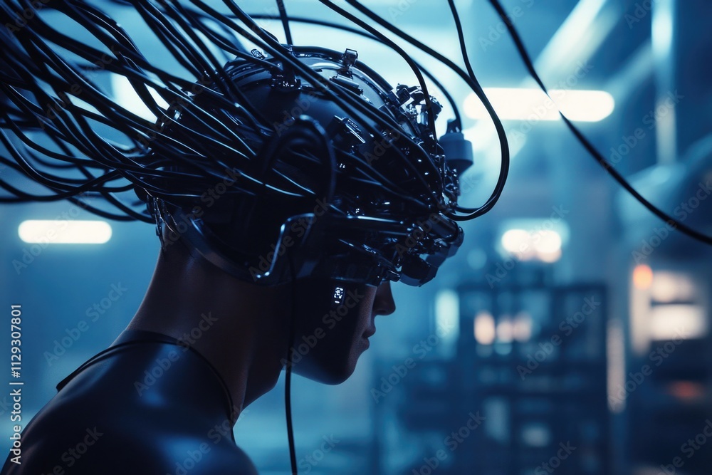 Poster a person with technological enhancements sits in a darkened space, suitable for medical or sci-fi sc