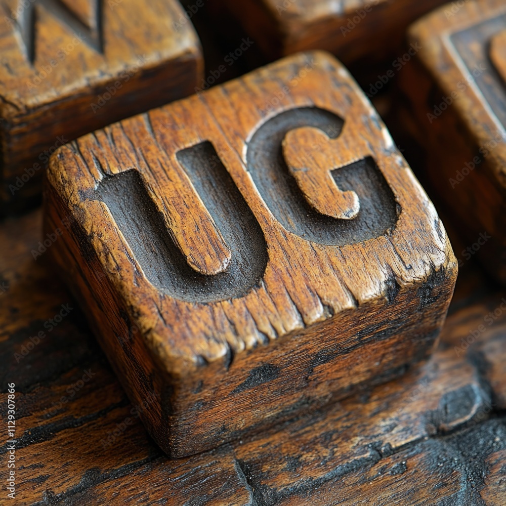 Poster a close-up shot of a wooden block with the letter u prominently displayed