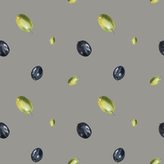 Green and black olive berries,seamless pattern. Hand drawn watercolor illustration. Seamless pattern for design