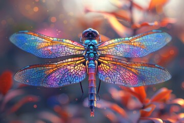 A vibrant dragonfly perches on a lush green plant, showcasing its iridescent colors and delicate features