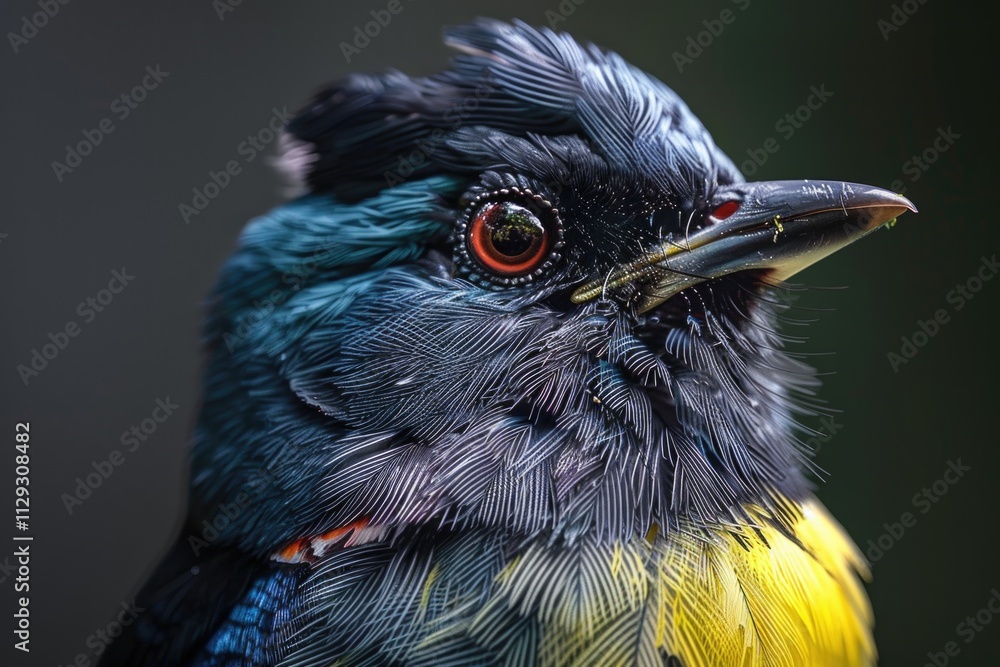 Poster a close-up image of a colorful bird with a distinctive black head, suitable for use in wildlife or n