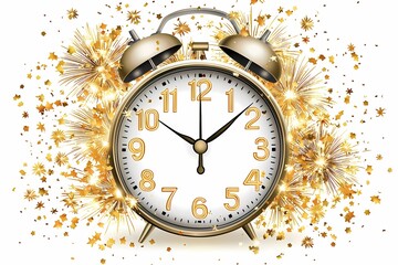 Festive Alarm Clock Surrounded by Bright Fireworks and Stars